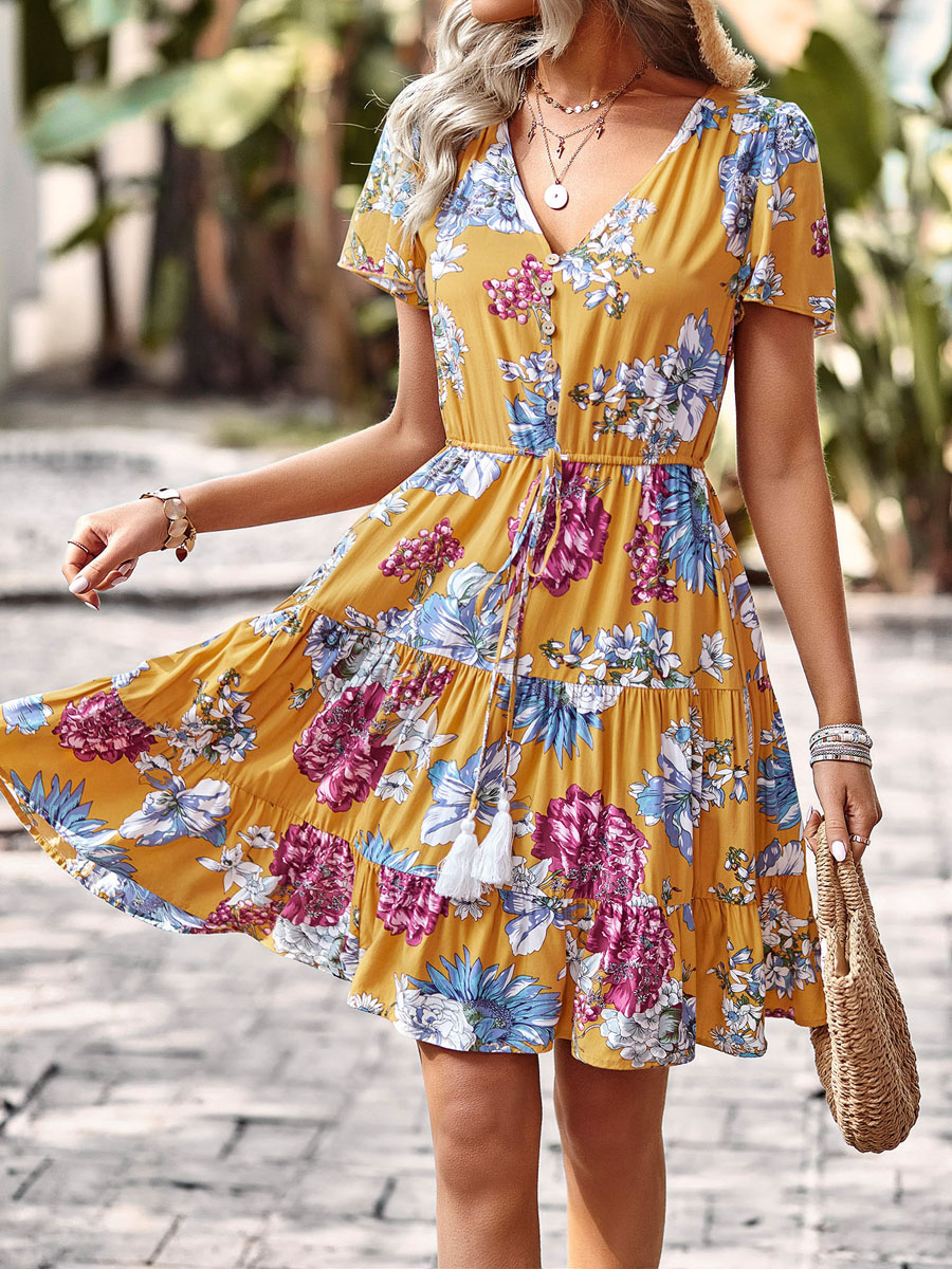 Yellow Floral V-Neck Maxi Dress Full